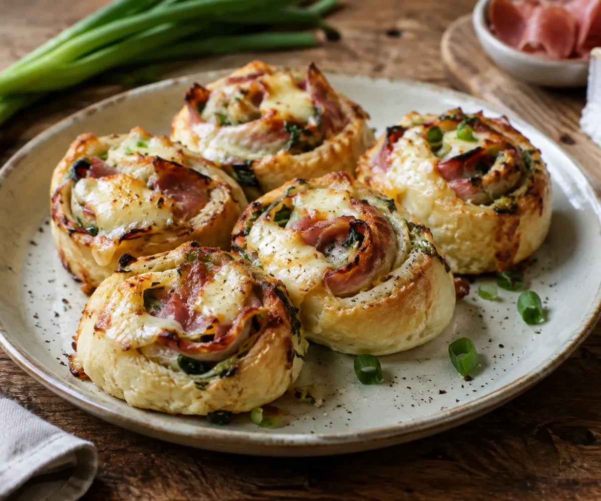 Rolinhos de cebolinha gratinados com speck e brie em prato rústico