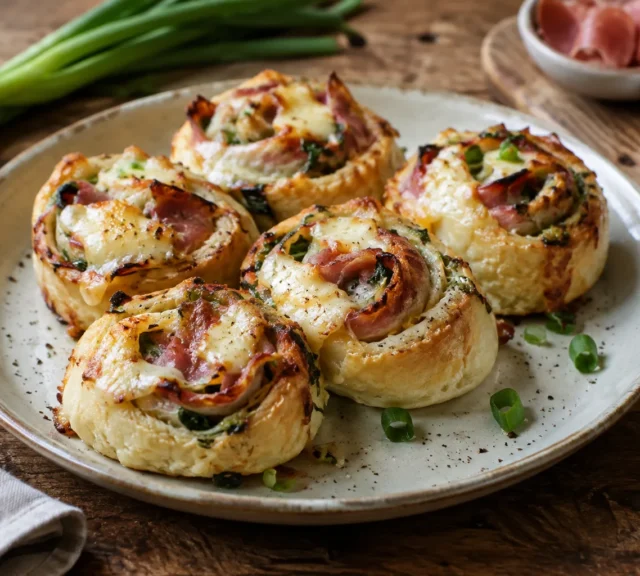 Rolinhos de cebolinha gratinados com speck e brie em prato rústico