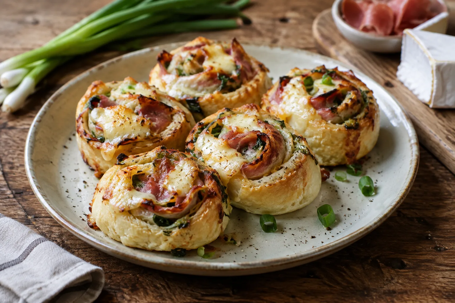 Rolinhos de cebolinha gratinados com speck e brie em prato rústico